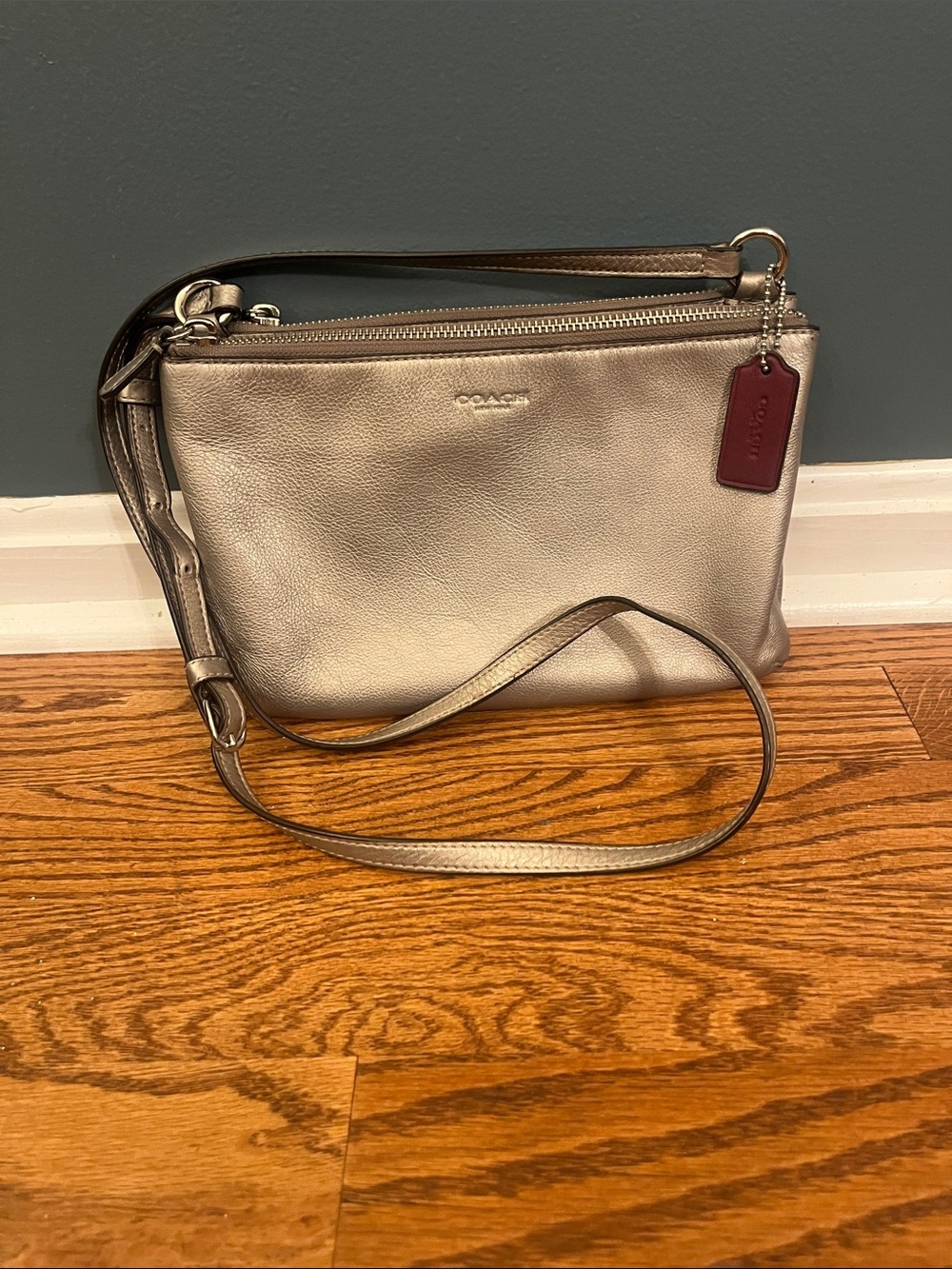 Coach Layla Silver Leather Double-Zip Crossbody